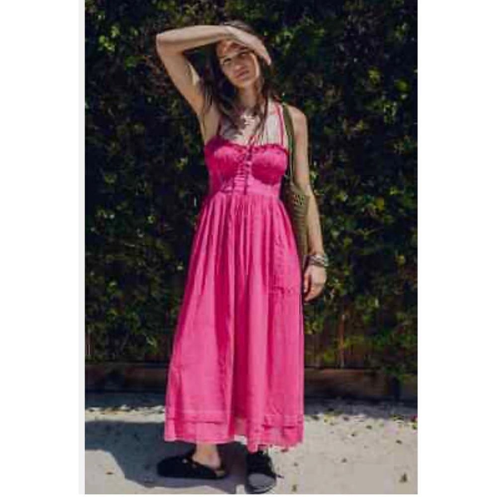 UO Cora Linen Open Back Midi Dress Urban Outfitters Pink Adjustable Tie size M